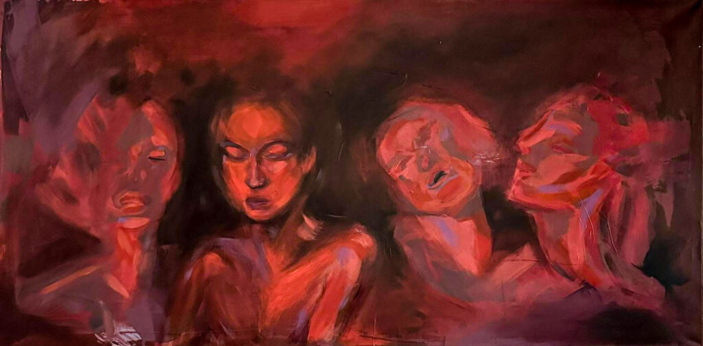 Acrylic painting of multiple expressive human figures in red tones, partially abstract and layered