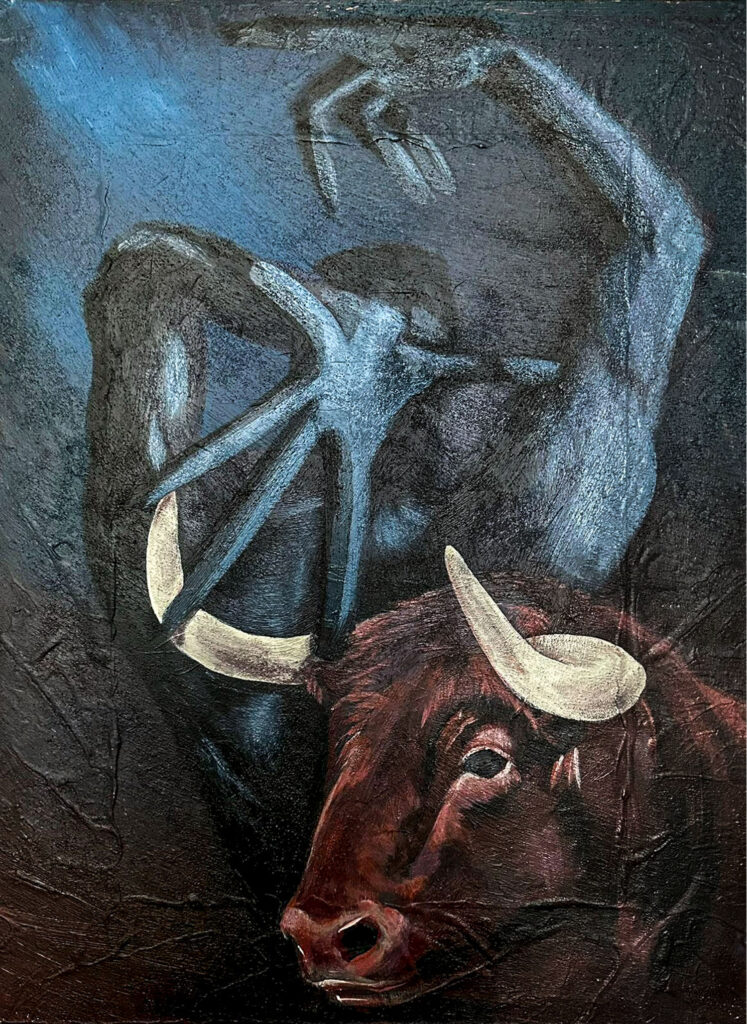 Acrylic painting of a distorted human figure with a bull, in dark blue and earthy tones