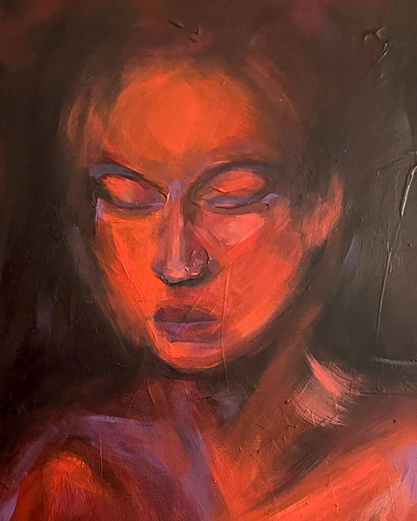 Acrylic painting of multiple expressive human figures in red tones, partially abstract and layered