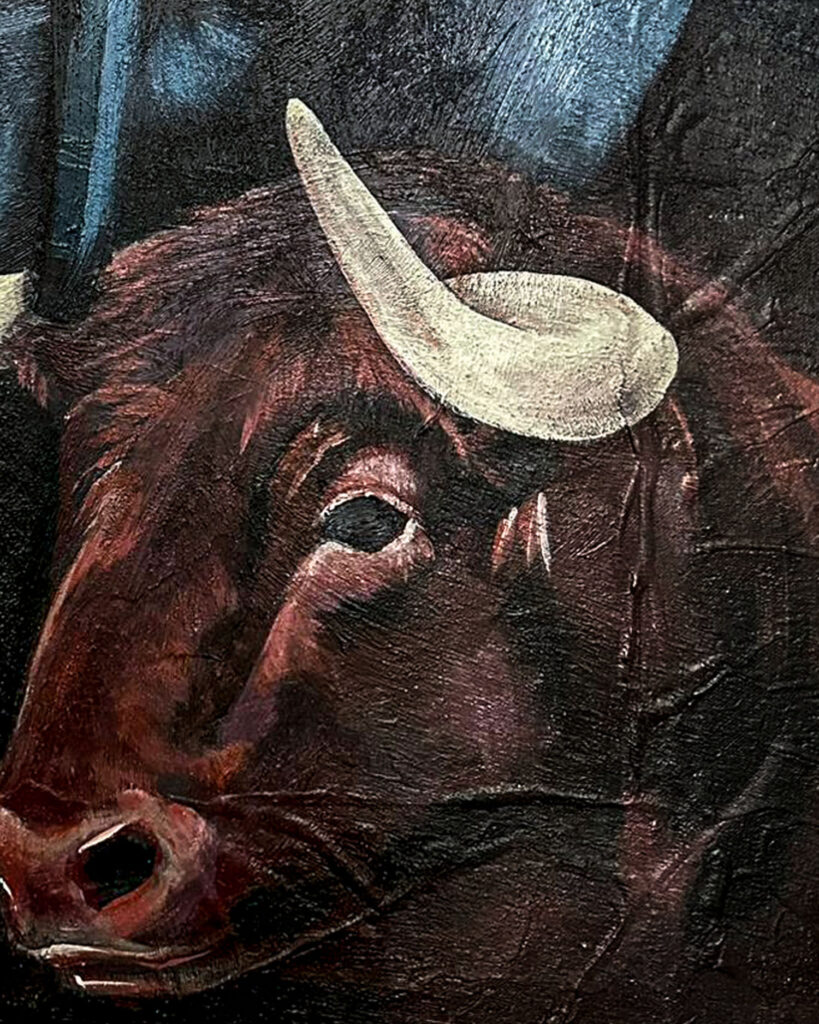 Acrylic painting of a distorted human figure with a bull, in dark blue and earthy tones