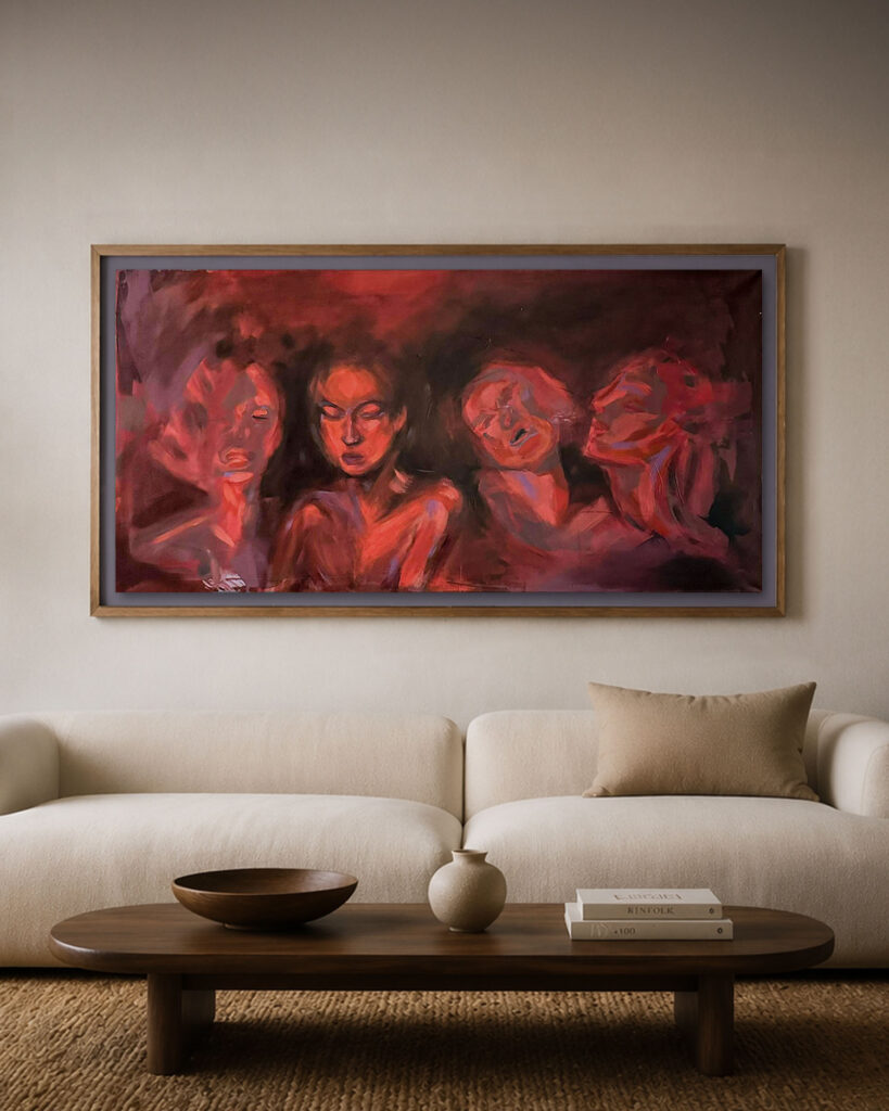 Acrylic painting of multiple expressive human figures in red tones, partially abstract and layered