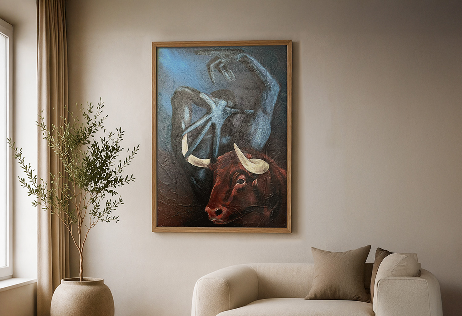 Acrylic painting of a distorted human figure with a bull, in dark blue and earthy tones