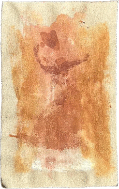 Abstract mixed-media painting in muted ochre, cream, and pale orange on raw canvas.