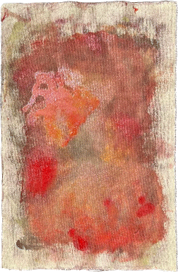 Warm abstract painting in vibrant orange, coral, and red with energetic brush movements.