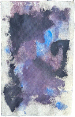 Abstract mixed-media painting on raw canvas featuring deep violet, indigo, black, and bright blue layered washes.