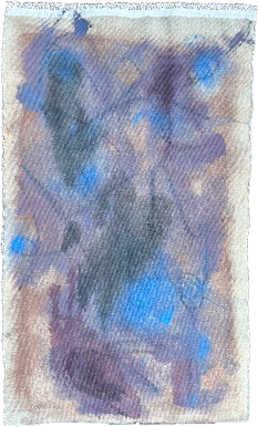 Abstract painting with black, rust, white, and coral vertical forms on textured raw canvas.