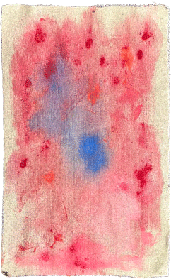Vertical abstract painting in pink, magenta, and soft blue with translucent layers on raw canvas.