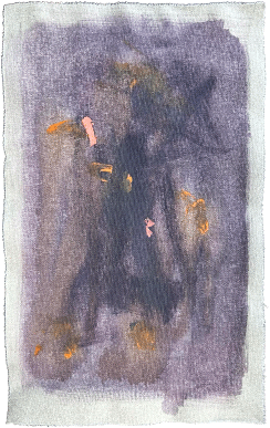 Abstract painting dominated by deep violet with subtle orange highlights and textured washes.
