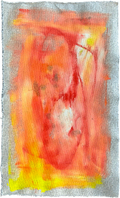 Abstract mixed-media painting on raw canvas in vivid coral, orange, and yellow with fluid layered brushstrokes.