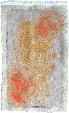 Abstract painting with vivid coral and yellow forms on raw canvas.