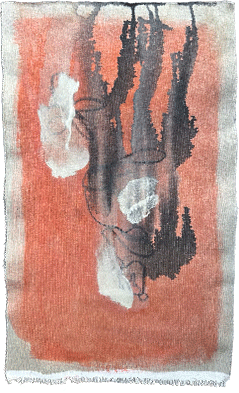 Vertical abstract painting in warm beige, ochre, and dark brown with delicate bleeding forms.