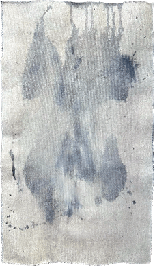 Abstract painting with flowing blue, grey, and violet washes on textured raw canvas.