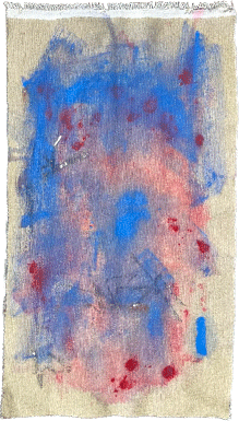 Vertical abstract painting in deep violet, indigo, and bright blue on raw canvas with soft layered textures.