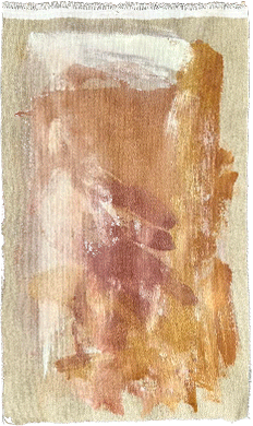 Close-up abstract painting with warm ochre, off-white, and burned sienna brush strokes creating a soft woven appearance.
