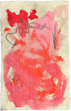 Abstract mixed-media painting on raw canvas featuring warm browns, coral, and muted red shapes with soft transitions.