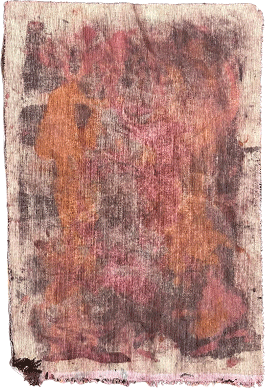 Abstract mixed-media painting on raw canvas in warm ochre and earthy brown tones with a soft, organic central form.