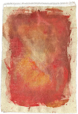 Abstract mixed-media painting on raw canvas in warm terracotta, red, orange, and ochre with soft translucent layers.