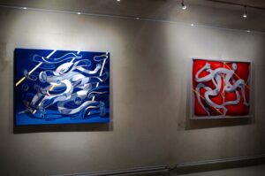 Contemporary artworks displayed inside the Relief in Bunker exhibition.